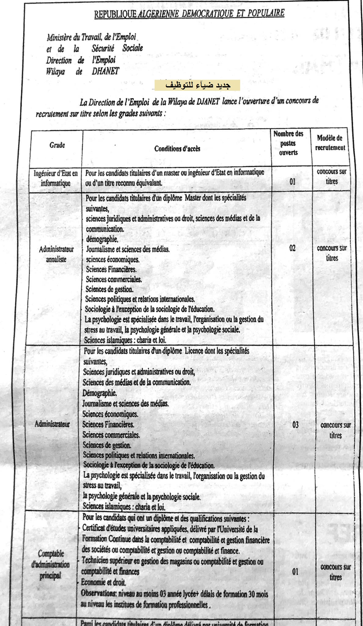 اعلان توظيف بولاية جانت اعلان عن توظيف بمديرية التشغيل لولاية جانت DIREC L'EMPLOI DJANET