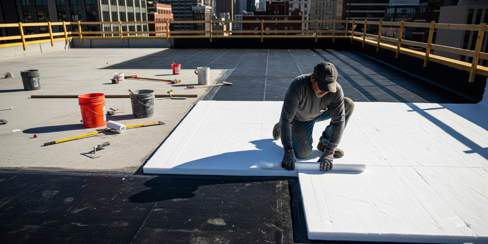 صورة توضح عملية عزل سطح مبنى حديث باستخدام طبقات مائية وحرارية، تعكس جودة التنفيذ ومتانة المواد.